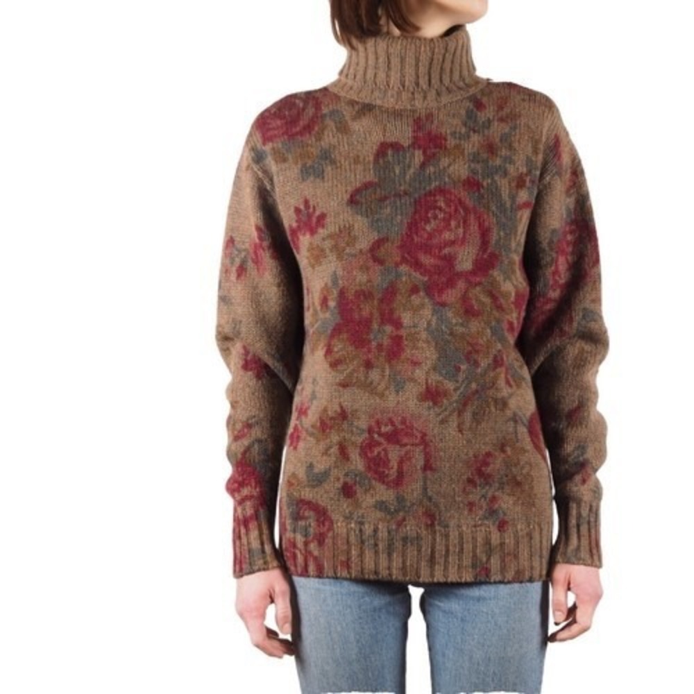 Vintage 90s Ralph Lauren Women's size S Floral Wool Turtleneck Sweater Roses - Picture 1 of 8